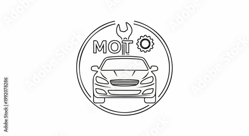 Stylized car and tools within a circular emblem