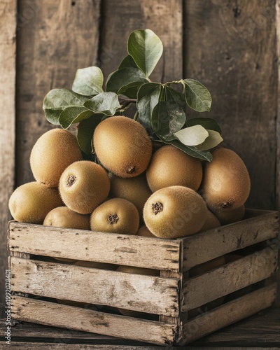 Bunch of fresh California kiwifruit in a wooden crate