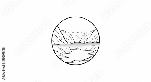 Stylized circular graphic of mountains reflected in a lake