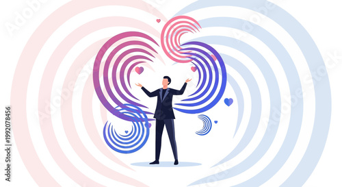 Man juggling abstract hearts and circles, symbolizing love, connection, and emotions