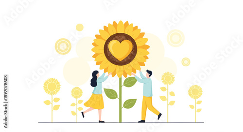 Couple Holding Giant Sunflower with Heart Symbol, Summer Love Illustration