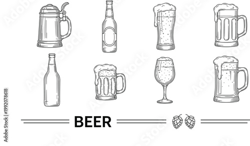 Beer Sketch Icon Set with Mug, Bottle, Glass, and Pint Styles in Hand Drawn Outline for Brewery, Bar, and Beverage Vector Design