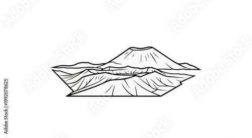 Stylized contour drawing of a mountain range with a central peak