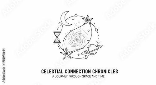 Stylized cosmic imagery with an hourglass, moon, stars, planet, and galaxy