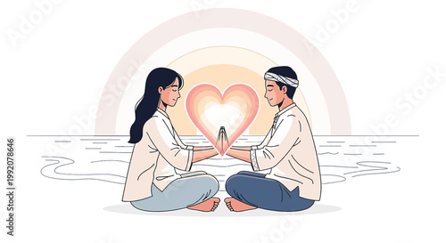 Couple holding glowing heart illustration, symbol of love, connection, and romance at sunset