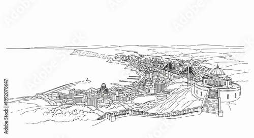 Stylized ink sketch of a coastal city with a prominent bridge and dome building