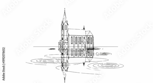 Stylized ink sketch of a Gothic cathedral reflected in rippling water