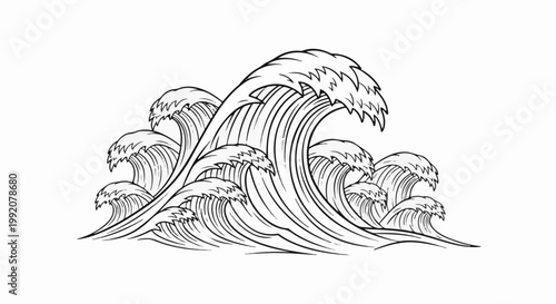 Stylized ink sketch of large ocean waves crashing dynamically