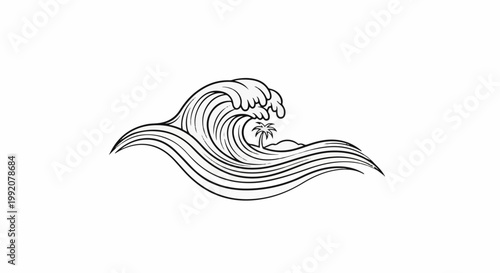 Stylized crashing wave with a tiny island and palm tree