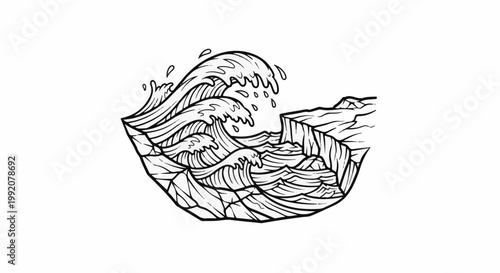 Stylized crashing ocean waves against rugged, textured cliffs