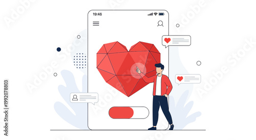 Man Interacting with Digital Geometric Heart on Smartphone Screen, Online Dating Concept
