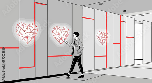Man Interacting with Digital Geometric Hearts on Modern Wall Display