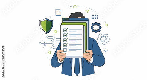 A person in a blue suit holds a clipboard with a checklist