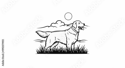 Stylized drawing of a golden retriever standing in grass under a sun and clouds