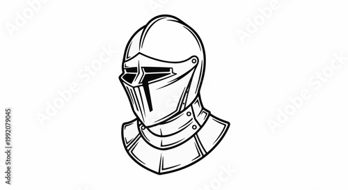 Stylized drawing of a knight's metal helmet and gorget