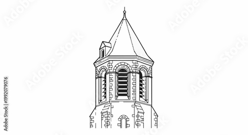 Stylized drawing of a stone bell tower with a pointed roof and dormer