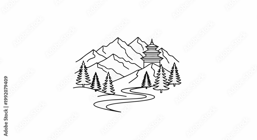 Fototapeta premium Stylized mountain landscape with a pagoda and winding path