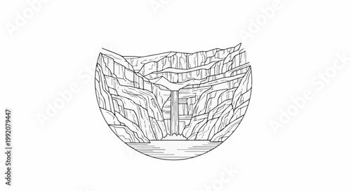 Stylized line art depicts a majestic waterfall cascading into a serene lake between sheer cliffs