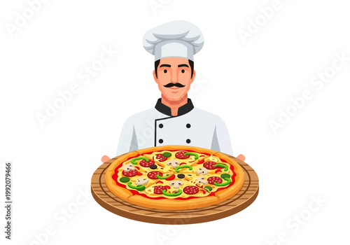 A chef presenting a delicious pizza on a wooden plate indoors