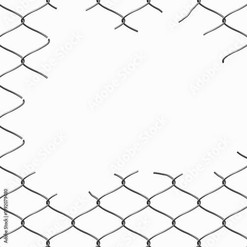Broken wire net fence vector realistic illustration, steel chain link fence lattice with torn metal, destroyed wire grid