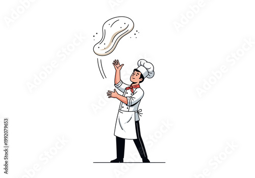 A chef tosses pizza dough in the air with skill in a restaurant.