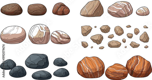Rock and stone collection with different shapes textures and colors natural geology elements isolated vector illustration set