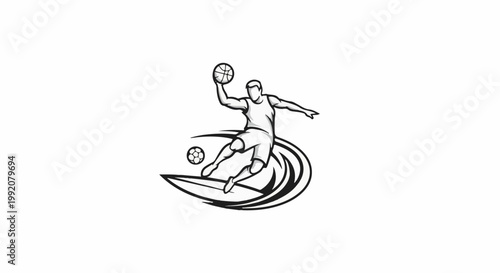 Stylized graphic of a person in mid-air, about to strike a ball with their hand