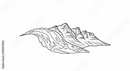 Stylized line art of a cascading waterfall flowing past jagged mountains