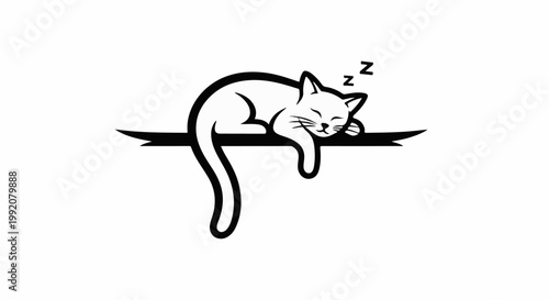 Stylized line art of a content cat sleeping soundly on a horizontal branch