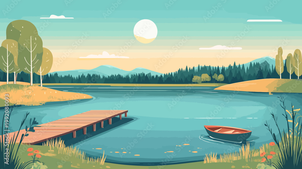 Fototapeta premium A serene lake landscape, featuring a boat, dock, trees, mountains, and a large sun in the sky