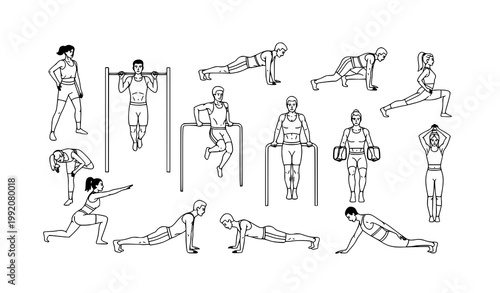 Diverse workout people vector with pull ups dips and stretching exercises black and white