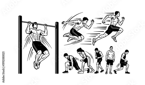 Dynamic fitness action vector with people doing pull ups jumping and running black and white