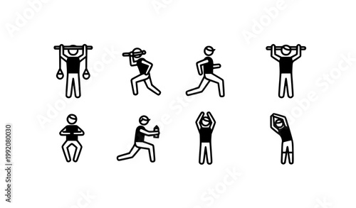 Fitness icon people vector set with pull ups lunges and stretching exercises black and white