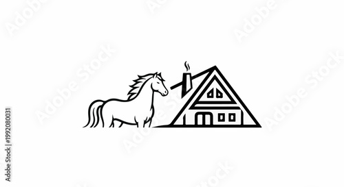 Stylized line art of a horse standing by a triangular cabin with a smoking chimney