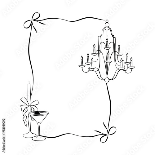 Hand-drawn frame card template with candle, bows, cocktail, vintage chandelier graphic illustration for wedding decor, cards, menu
