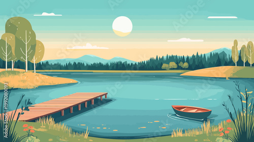 A serene lake landscape, featuring a boat, dock, trees, mountains, and a large sun in the sky