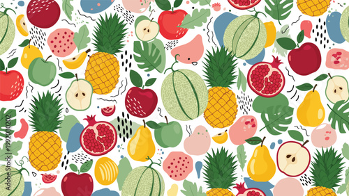 Vibrant seamless pattern of various fruits including pineapple, apple, melon, and pomegranate on a white background.