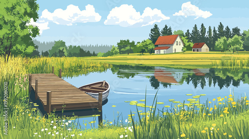 Scenic illustration of a lake with a wooden pier, boat, and houses along the shoreline with lush foliage