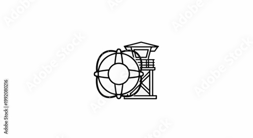 Stylized line art of a lifeguard tower with a life preserver