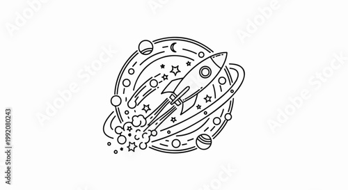 Stylized line art of a rocket launching past planets and stars
