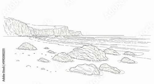 Stylized line art of a rocky beach with cliffs and ocean waves in distance
