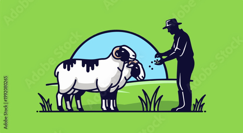 A person in a hat feeds two sheep in a field under a blue dome