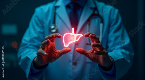 Human liver hologram in doctor hands futuristic medicine concept