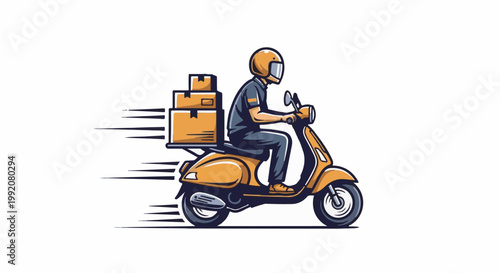A person in a helmet rides a scooter with boxes, motion blur