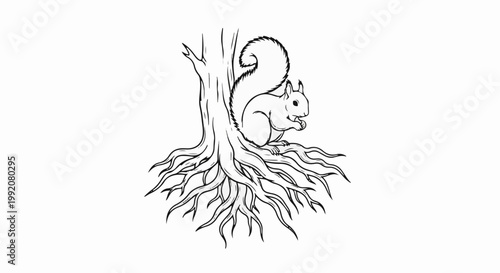 Stylized line art of a squirrel on a tree trunk with exposed roots
