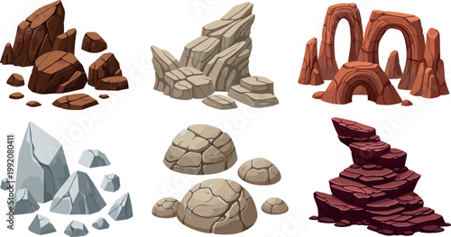 Rock formation and desert stone collection with cliffs arches and boulders natural landscape vector illustration set