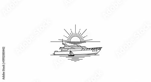 Stylized line art of a yacht and sailboat at sunset on calm water