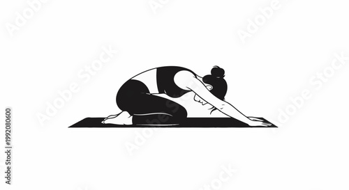 A person is depicted in a black and white illustration performing a yoga pose on a mat