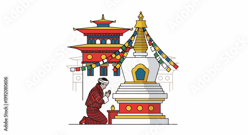 A person in traditional attire kneels in prayer before a stupa adorned with prayer flags, with a Buddhist temple in the background