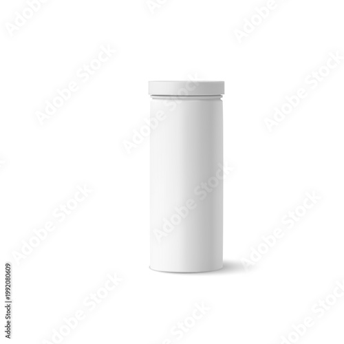 White plastic bottle for supplement sport nutrition, 3D realistic protein container, medicine jar with cap vector mockup